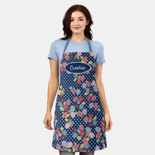 Tablier Fun Vintage Fleurs À petits pois Motif Sur Bleu