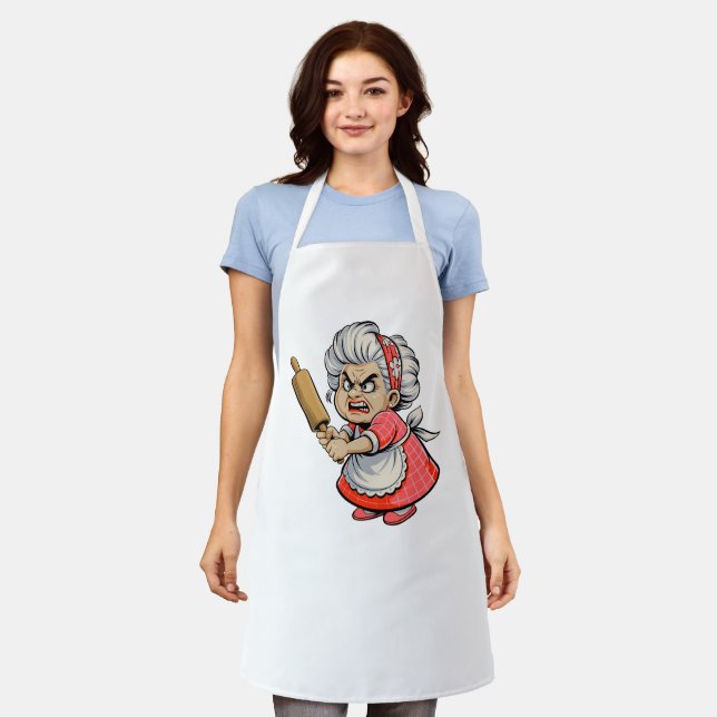 Tablier Funny Angry Old Lady with Rolling Pin Cartoon Art (Porté)