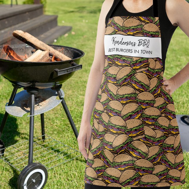 Tablier Funny Hamburger BBQ Motif Personnalisé Nom du chef (Créateur téléchargé)