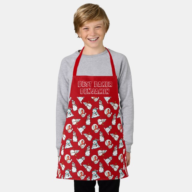 Tablier Garçons Motifs De Snowman Rouge Et Blanc (Porté)
