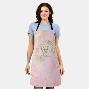 Tablier Géode d'agate rose Monogramme doré Feuillage