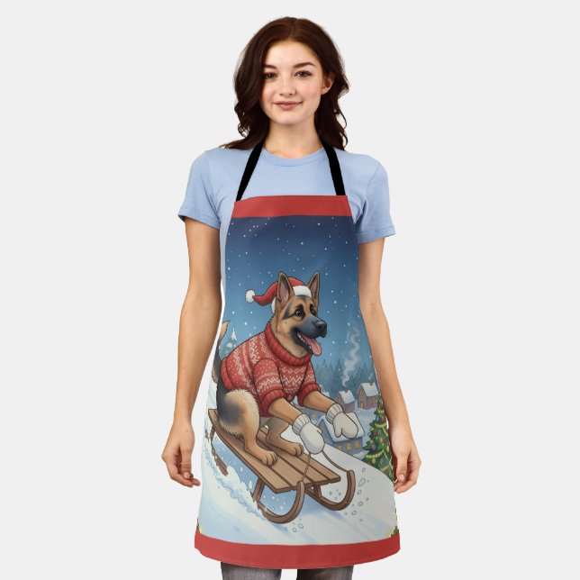 Tablier German Shepherd Sledding, Christmas Apron (Porté)