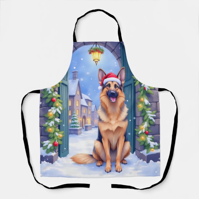 Tablier German Shepherd Snowy Town Gate Santa Christmas (Recto)