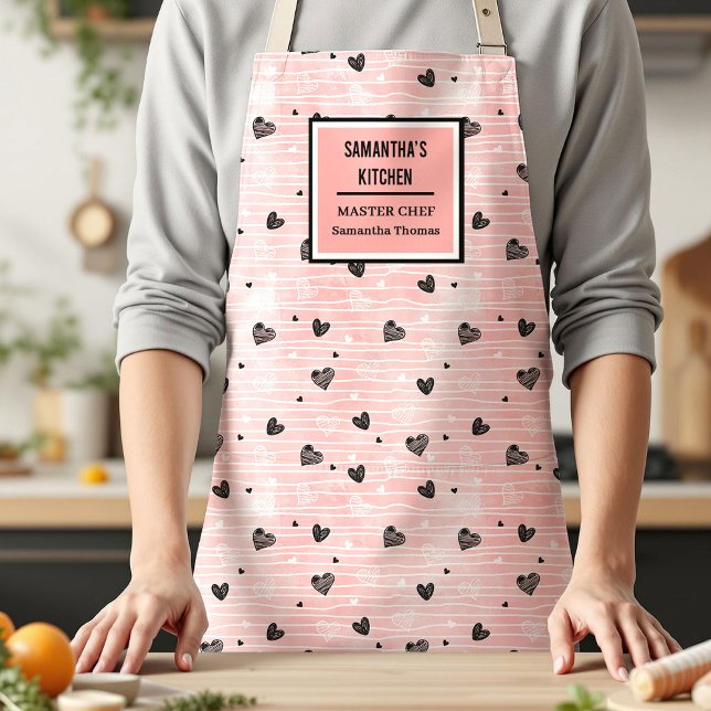 Tablier Gift for Her Pink Black Heart Love Valentine Apron (Gift for Her Pink Black Heart Love Apron)