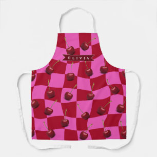 Tablier Gingham Rouge Personnalisé Rétro Nom Personnalisé