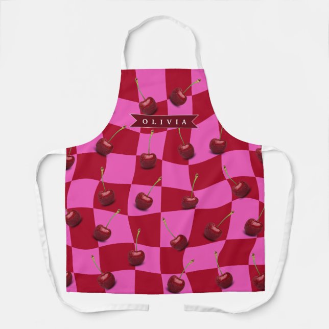 Tablier Gingham Rouge Personnalisé Rétro Nom Personnalisé (Recto)