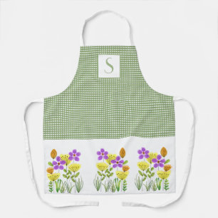 Tablier Gingham Vert de Ferme avec Monogramme de Fleurs Sa