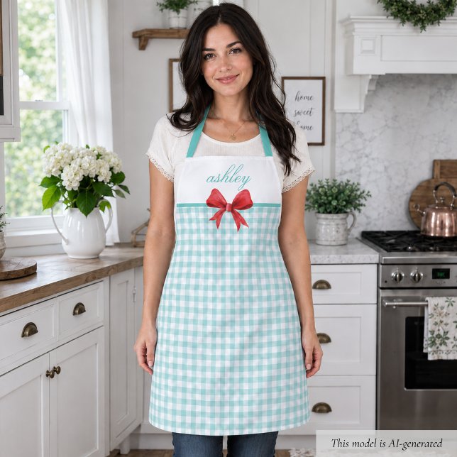 Tablier Gingham Vert Sarcelle (sweet cottagecore coquette rustic retro teal green gingham apron with red bow with custom name)