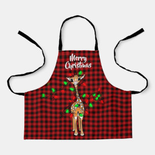 Tablier Giraffe Festive, lumière scintillante, plaid rouge