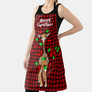 Tablier Giraffe Festive, lumière scintillante, plaid rouge