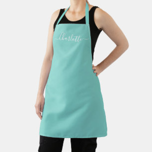 Tablier Girly aqua bleu nom de script personnalisé élégant