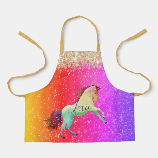 Tablier Glittery Rainbow Unicorn Personnalisé (Recto)