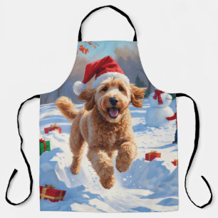 Tablier Goldendoodle Courir en neige avec Casquette de Noë