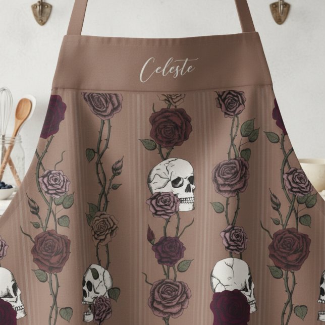 Tablier Gothic Dark Tan Brown Floral Skulls (Elegant Brown Dark Tan Gothic Aprons for Her Birthday. Skulls Roses on Gradient Stripes Pattern)