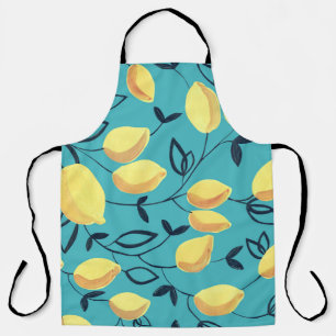 Tablier Gouache de citron jaune motif sur turquoise.