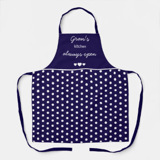 Tablier Gran's Kitchen Always Open Navy Blue And White Dot
