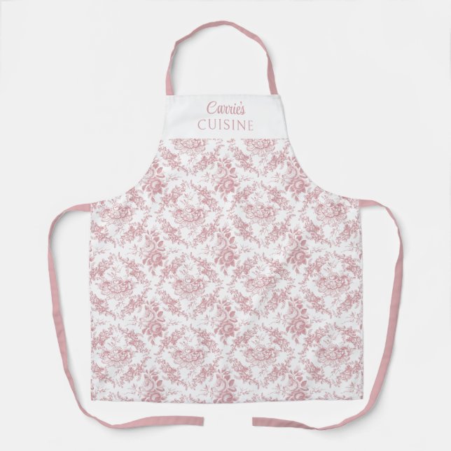 Tablier Gravures et fleurs rose personnalisées (Recto)