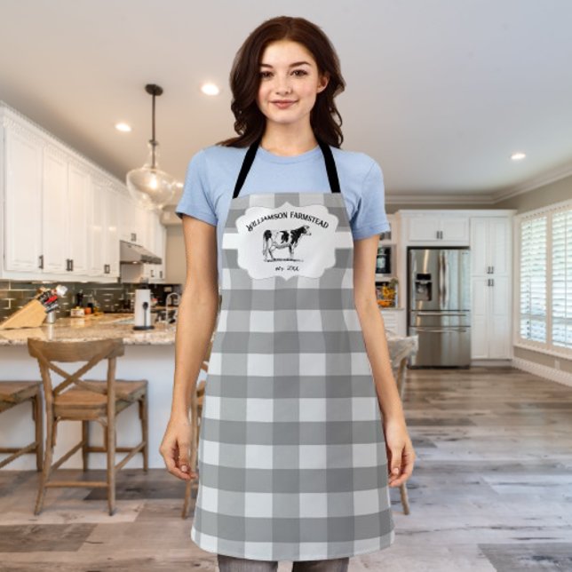Tablier Gris Buffalo Plaid Farm Vache Apron (Gray Buffalo Plaid Farm Cow Personalized Apron)