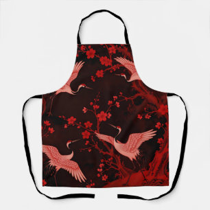 Tablier Grue rouge motif de chinoiserie de fleurs de ceris