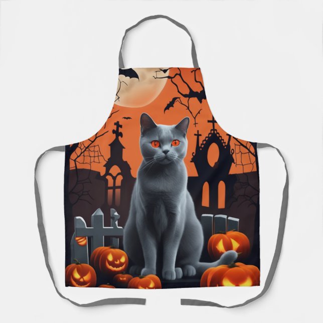 Tablier Halloween Aprons, Horreur Halloween Chartreux Chat (Recto)