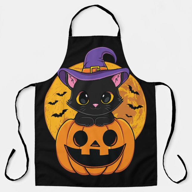 Tablier Halloween Chat Noir Sorcière Casquette Citrouille  (Recto)