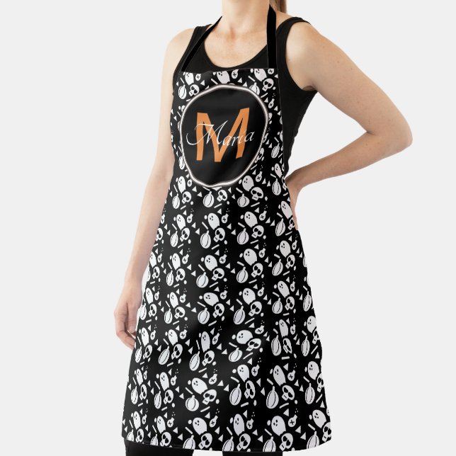 Tablier Halloween Citrouille Crâne Fantôme Orange Monogram (Insitu)