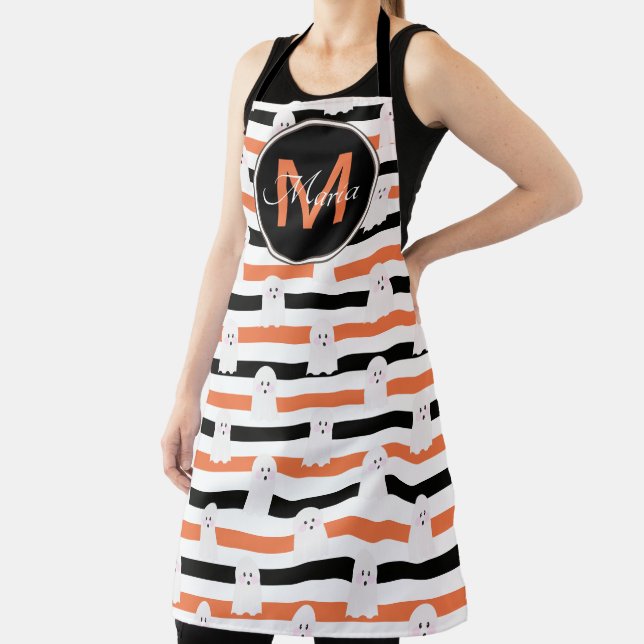 Tablier Halloween Cute Ghost Stripes Orange Black Monogram (Insitu)