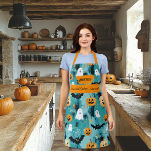 Tablier Halloween sarcelle avec fantômes, citrouilles et c