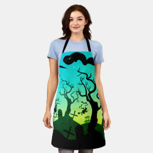 Tablier Halloween turquoise et jaune hanté