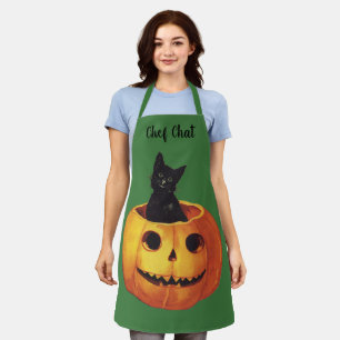 Tablier Halloween vintage, joli chat noir dans une citroui