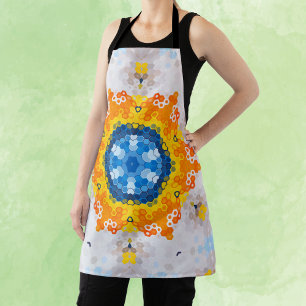 Tablier Hex Mandala bleu jaune orange et blanc