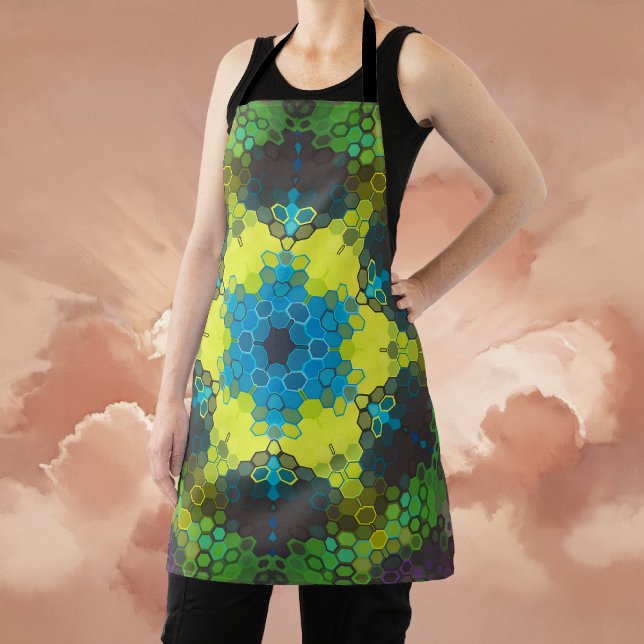 Tablier Hex Mandala vert jaune et bleu (Green and Blue Hexagon Mandala Apron By Wormhole Orbital)