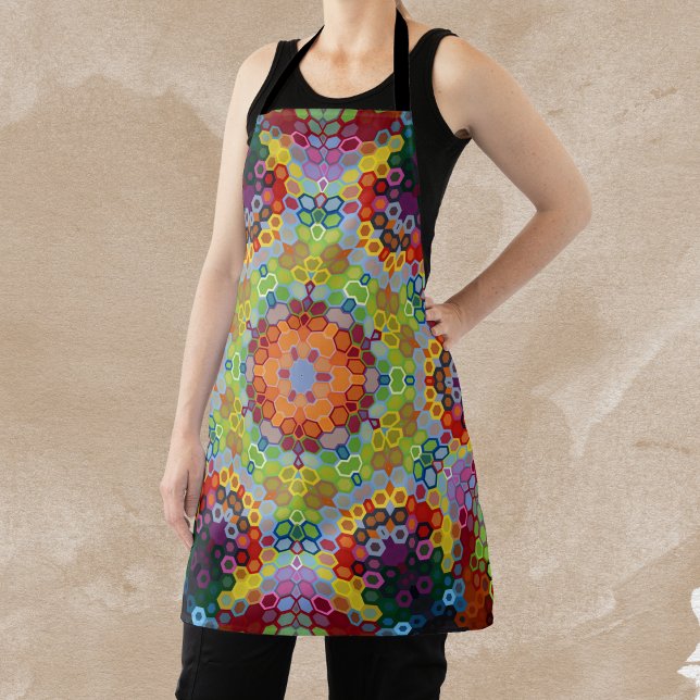Tablier Hex Mandala vert rose et orange (Green Pink and Orange Hexagon Mandala Apron by Wormhole Orbital)