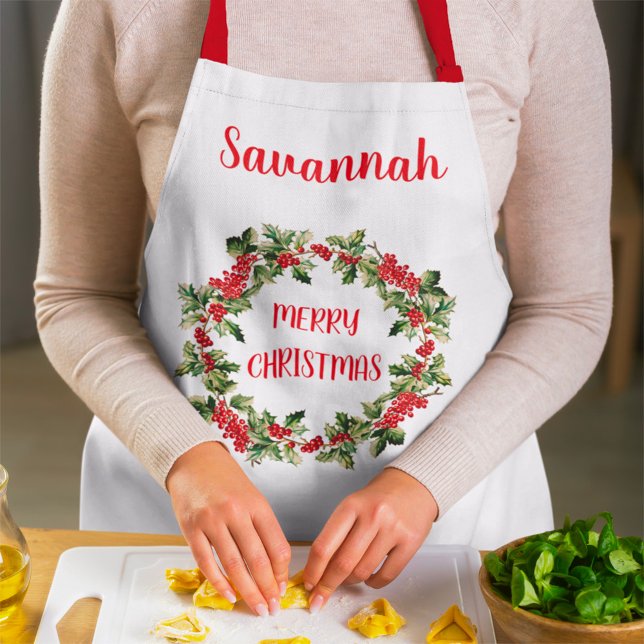 Tablier Holly Feuilles & Berries Wreath Joyeux Noël (Créateur téléchargé)