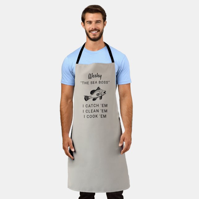 Tablier Humour de pêche au bar de la mer Taupe personnalis (Porté)