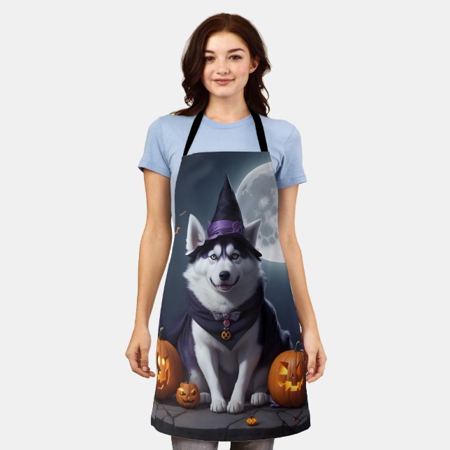 Tablier Husky Chien Halloween Aventure Lune Magie Éffrayan (Porté)