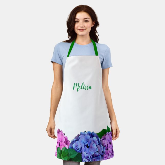Tablier Hydrangée bleue et rose Floral Personnalisé (Porté)
