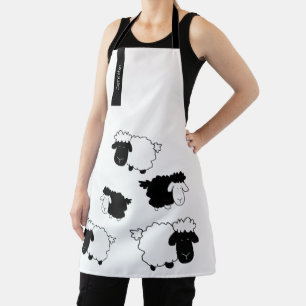Tablier Illustration de mouton mignon monogramme noir et b