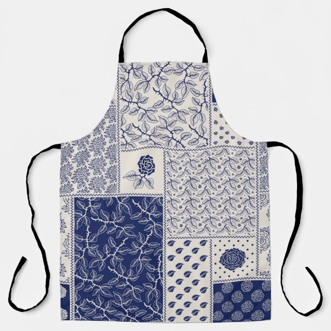 Tablier Indigo Bleu Beige Floral Patchwork (Recto)