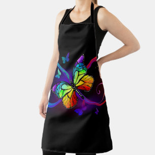 Tablier Infini vibrant avec papillon arc-en-ciel sur noir