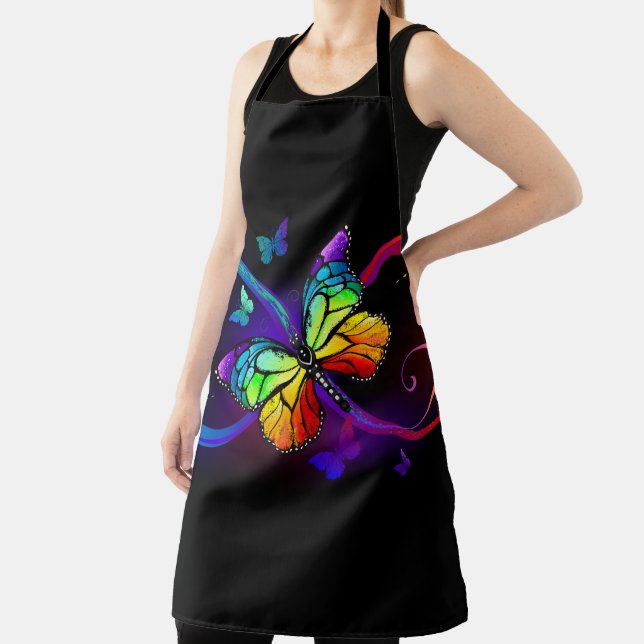 Tablier Infini vibrant avec papillon arc-en-ciel sur noir  (Insitu)