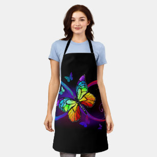 Tablier Infini vibrant avec papillon arc-en-ciel sur noir
