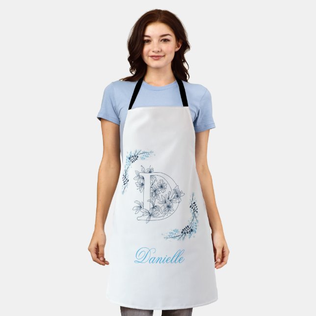 Tablier Initiale "D" Monogramme bleu Calme Floral (Porté)