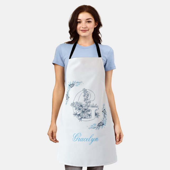 Tablier Initiale "G" Monogramme bleu Calme Floral (Porté)