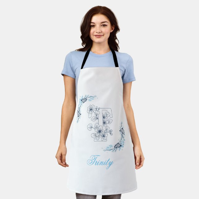 Tablier Initiale "T" Monogramme bleu Calme Floral (Porté)