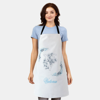 Tablier Initiale "V" Monogramme bleu Calme Floral