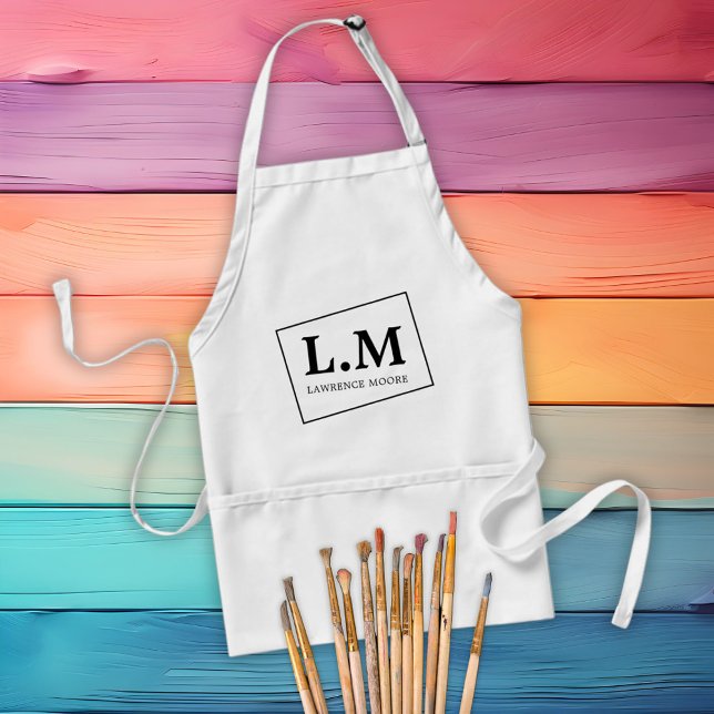 Tablier Initiales de monogramme classique Nom Blanc (Elegant Monogram Initials Classic Typo Name Adult Apron)