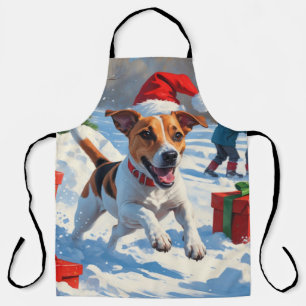 Tablier Jack Russell courant dans la neige avec un chapeau