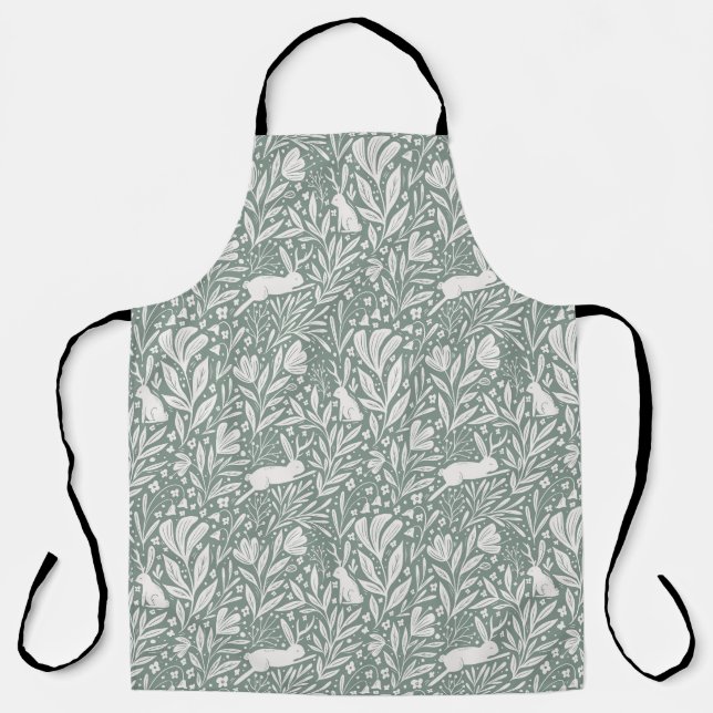 Tablier Jackalopes - lapins en bois floral - sauge vert (Recto)