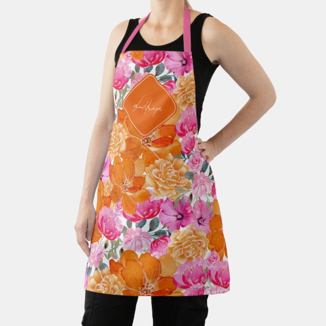 Tablier Jardin d'été rose et orange vif Monogramme Fleur (Insitu)